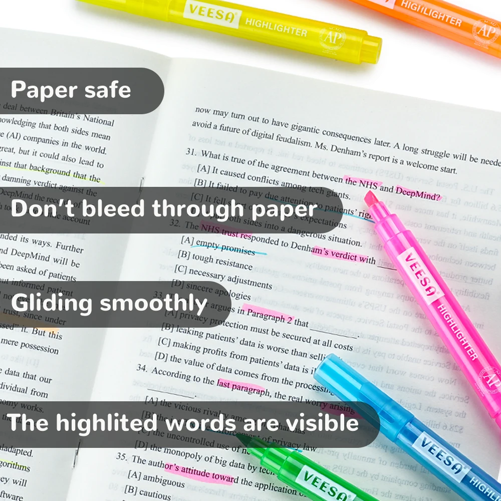 하이라이터, 치즐 팁 마커 펜, 밝은 색상, 다양한 색상, AP 인증, 수성, 빠른 건조, 6 개