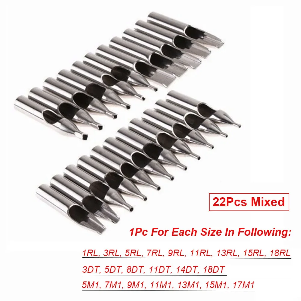 11/22Pcs RL DT M1 Mixed Stainless Steel Tattoo Tips Kit Assorted Tattoo Machine Gun Needle Nozzle Tubes Accessories Supply