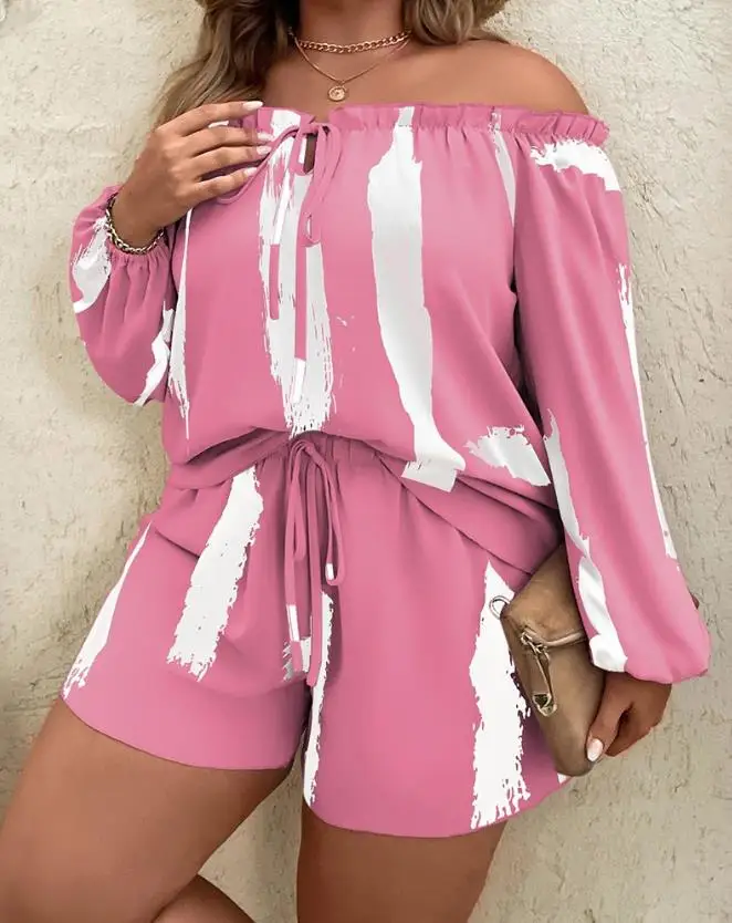 

Tie Dye Print Off Shoulder Top & Drawstring Shorts Set for Summer Ladies Fashion New Casual Two Piece Suit Women Outfits 2023
