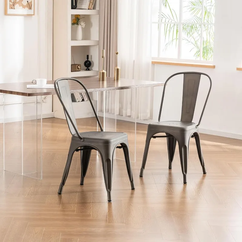 Metal Patio Dining Chair Set of 4 Dark Grey Farmhouse Tolix Style for Kitchen Dining Room Restaurant Bistro Stackable 5