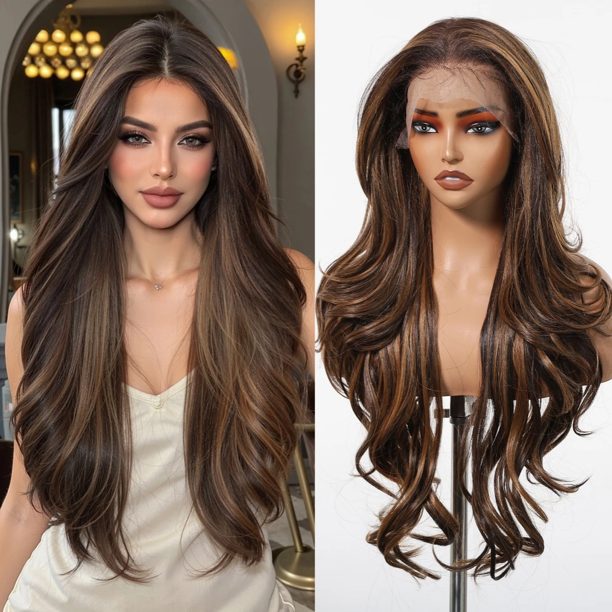 Highlight Brown Blonde Body Wave Afro Synthetic Wigs 13*6 Transparent Lace Frontal Wigs for Black Women Brazilian Loose Wave Wig