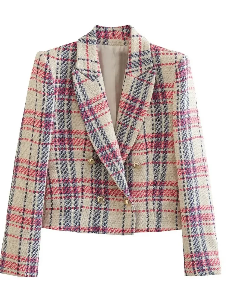 

Plaid Tweed Blazer Women Textured Cropped Women Double Breasted Long Sleeve Female Jacket 2023 Spring Chic Leisure Button Coat