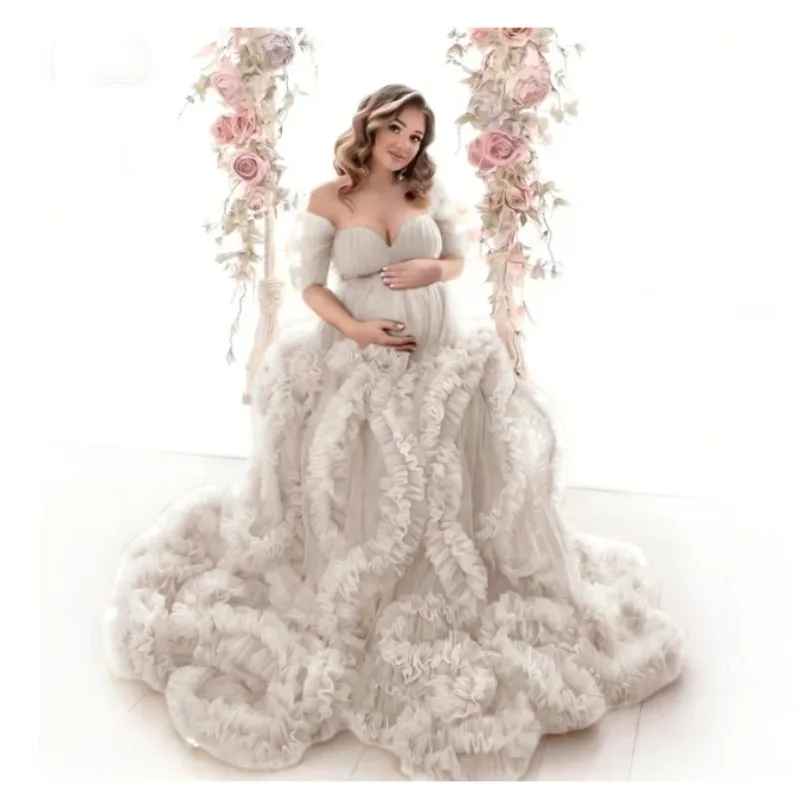 فستان تصوير للأمهات من التول المكشكش - فستان مثير...