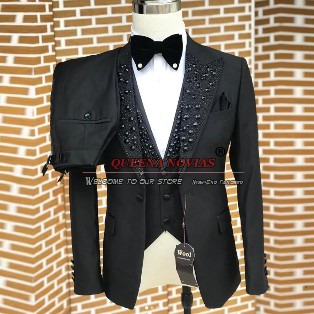 

Black Groom Wear Men's Suits Bespoke Stone Beaded Lapel Prom Blazers Man Fashion Wedding Tuxedos Formal Party Business Clothing