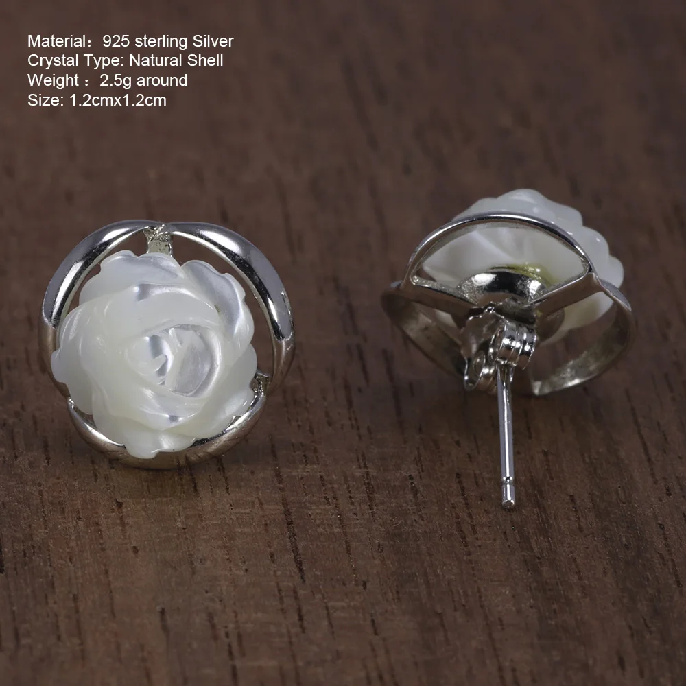 Genuine 925 Sterling Silver White Rose Flower Studs Earrings