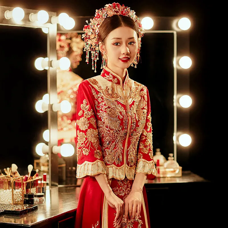 

Traditional Chinese Style Phoenix Embroidered Toast Clothing Women Wedding Dress Sequins Beading Tassels Cheongsam