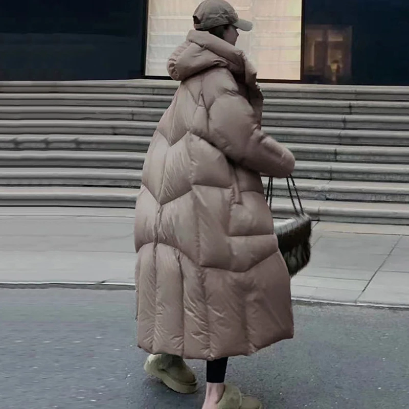 Winter Hooded Solid Long Down Jacket Women White Duck Down Loose Knee Length Down Jacket Female Thick Warm Outdoor Parka Outwear