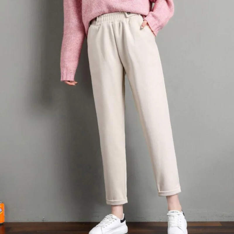 

Casual Warm Harem Trousers Pockets New Elastic High Waist Students Winter Thicken Button Korean Womens Pants