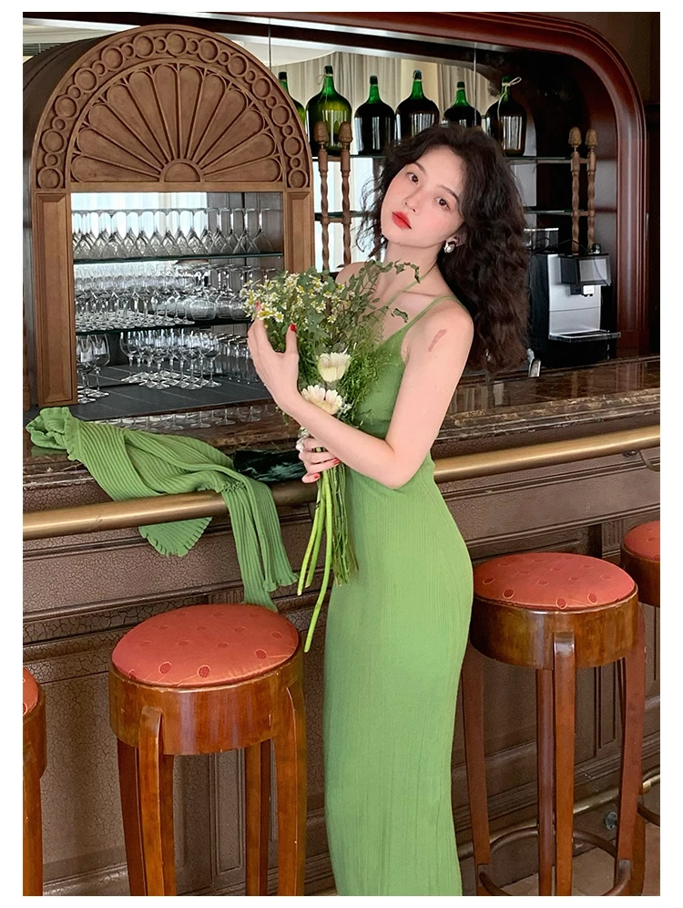 Vintage Chic Knitted 2-piece Dress Set Women Crop Cardigan V-neck Spaghetti Strap Bodycon Midi Dress Autumn New Female Clothing