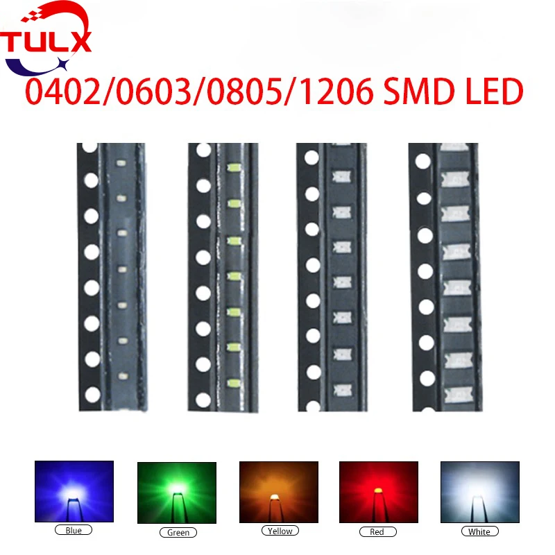100 шт. 0402 0603 0805 SMD светодиоды красный желтый зеленый белый синий и оранжевый