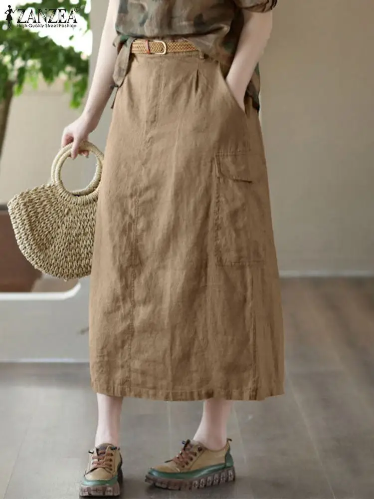 

ZANZEA Vintage Maxi Skirts Women High Waist Cargo Vestidos Fashion Cotton Long Skirt Jupe Casual Femme Faldas Saia Holiday Robe