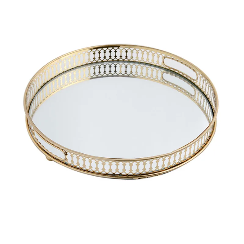 Round Metal Desktop Tray Golden w/ Mirror Glass Base Desktop Decor Perfume Jewelry Storage Party Cakes Fruit Serving Tray 4
