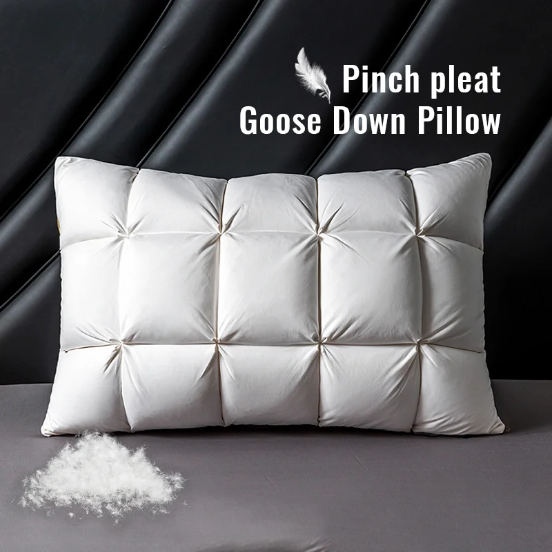 1 PC, Luxury Goose Down Feather Pillows Pinch Pleat Design Neck Protection Bed Pillow Standard/Queen/King Size