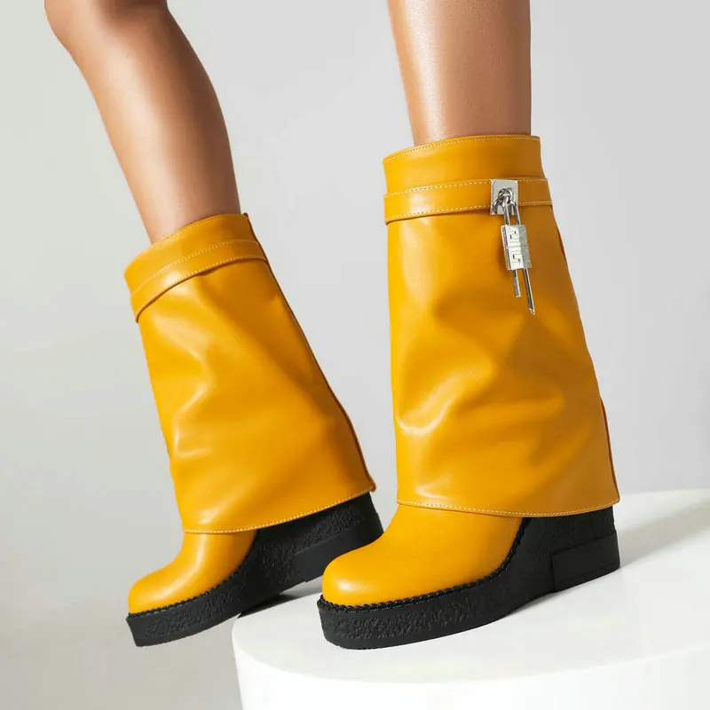 

2023 New Style Thick Soled Wedges High Heel Zipper Short Boots for Women with Large Circumference Lockstitch Skirt Boots Woman