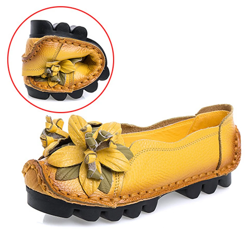 

New Women Genuine Leather Shoes With Flowers Handmade Shoes Ladies Soft Ballerina Flats Bottom Loafers Casual Shoes Moccasins