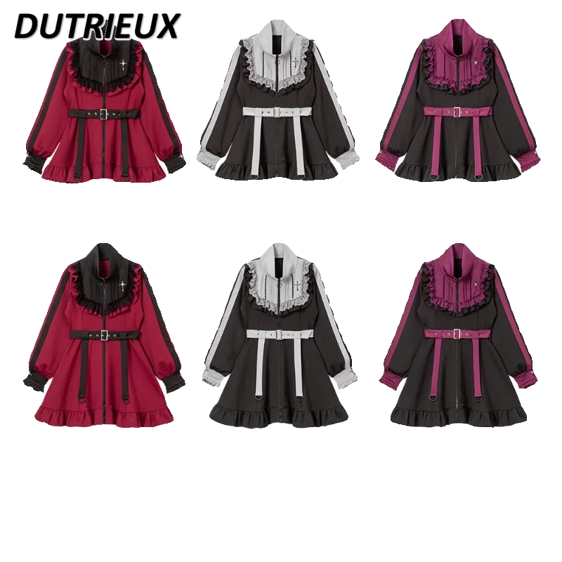 Spring Autumn New Mine Collar Mid-Length Coat Japanese Style Sweet and Cute Zipper Fungus Colorblock Long Sleeve Belt Jacket