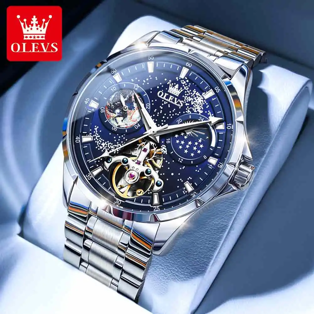 

OLEVS Men Watch Automatic Mechanical Skeleton Starry Sky Moon Phase Luminous Waterproof Stainless Steel Mechanical Watch 6671