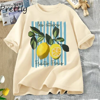 Summer Lemon T-shirt Vintage Cottagecore French T Shirt Cotton Lemon Tee Shirt Vacation Beach Tshirt Casual Short Sleeve Tops 1