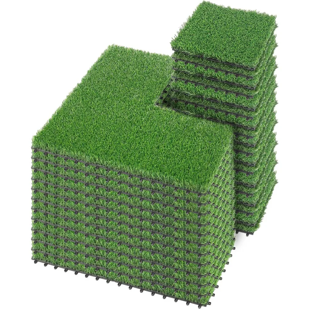 Packs Interlocking Artificial Grass Tiles Turf Outdoor Indoor Fake Grass Deck Flooring Set for Patio, Balcony, Backyard