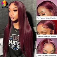 Perruque Lace Frontal Wig naturelle Remy, cheveux lisses péruviens, 13x6, bordeaux foncé 99J, pre-plucked, 180% 3