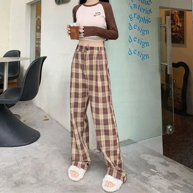 

2023 Korean Plaid High Waist Wide Leg Trousers For Women Harajuku Baggy Casual Pants Female Vintage Wild Streetwear Check Pants