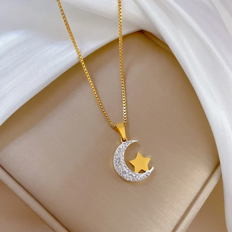 Stainless Steel Crescent Moon Star Necklace Women Gold Color