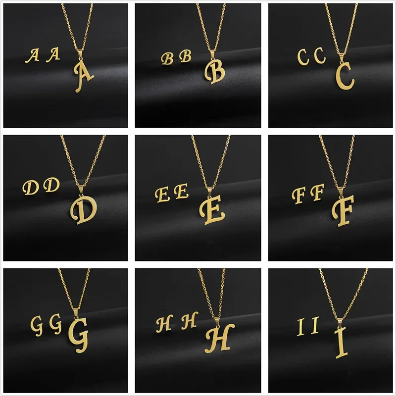 

Simple Stainless Steel Gold Color 26 Letters Initial Pendant Necklace Set for Women Alphabet Name Chain Choker
