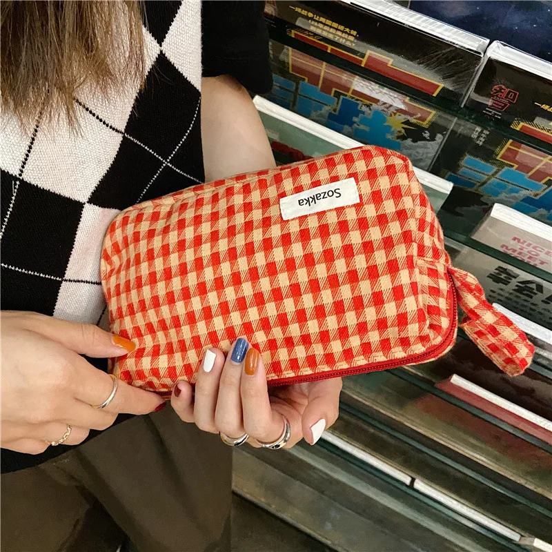 Plaid Contrast Color Large-capacity Cosmetic Bag Female Leopard Print Fashion Clutch Canvas Organizer Storage Bag Document Bag