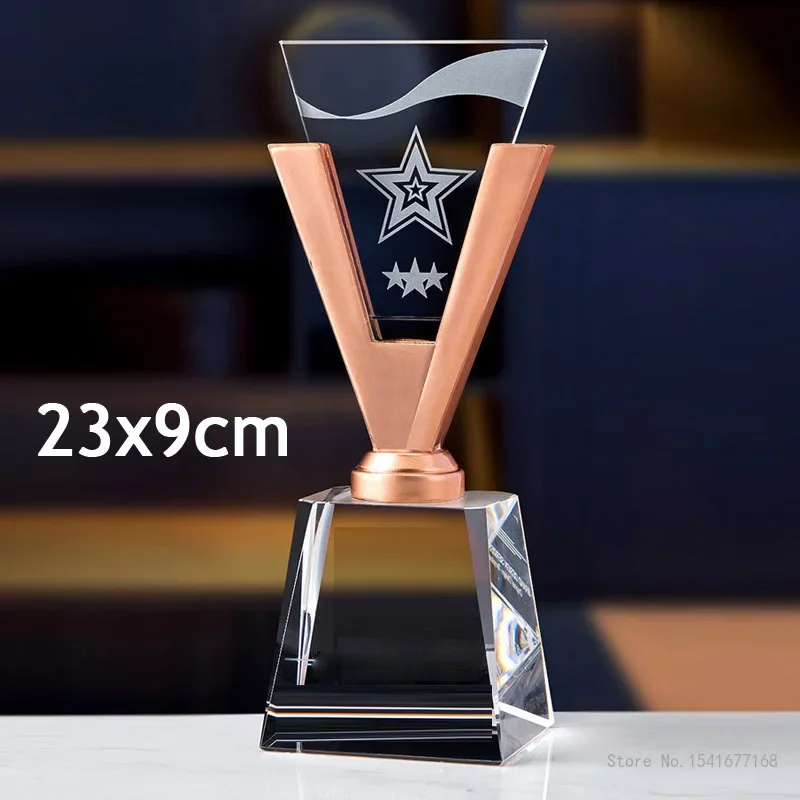 Customized V-shaped Crystal Trophy, Body Metal, Custom Gold, Silver Bronze, Annual Conference Award, Home Office Decoration, 1Pc