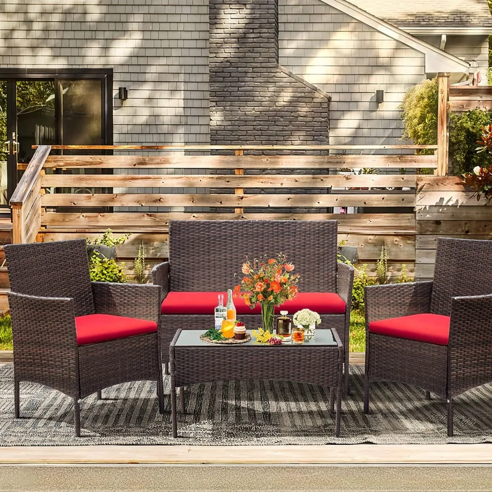

Greesum Patio Furniture 4 Pieces Conversation Sets Outdoor Wicker Rattan Chairs Garden Backyard Balcony Porch Poolside loveseat