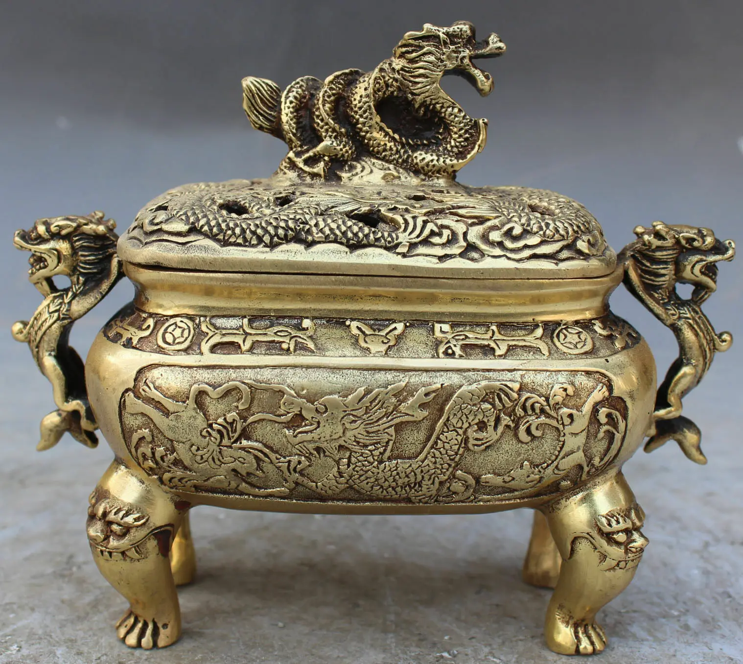 

Chinese Bronze Carved Dragon Foo Fu Dog Lion Incense Burner Censer