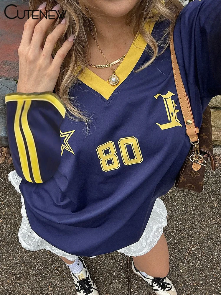 Football Track Women T-shirts Autumn Printed Striped Long Sleeve V-neck Oversized Tops Female Active Casual Streetwear