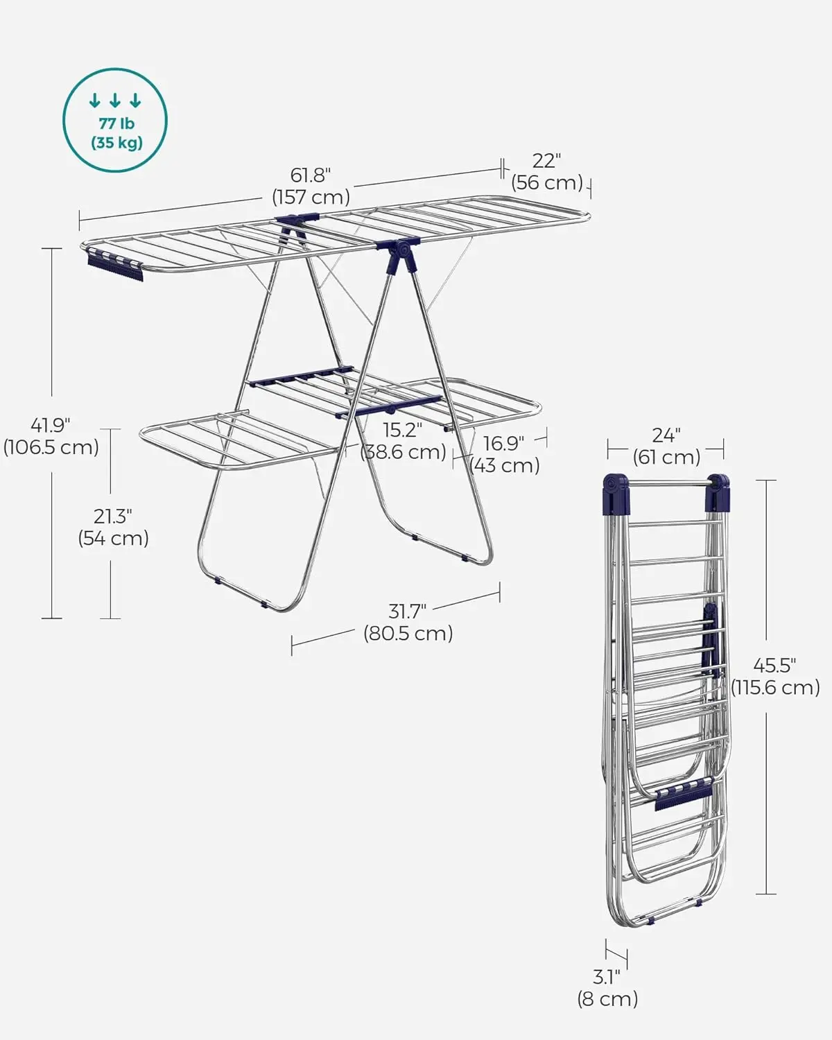 Clothes Drying Rack, Foldable 2-Level Laundry Drying Rack, Free-Standing Laundry Airer, with Height-Adjustable Wings, 33 Drying