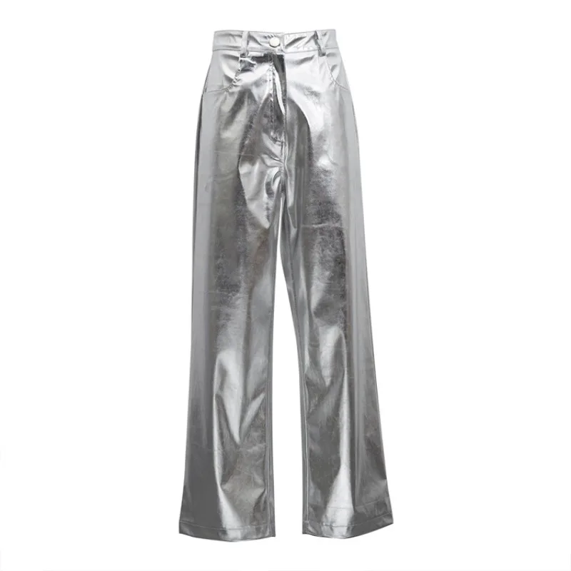 Pantalones de PU plateados para mujer, moda 2025, cintura alta, sueltos, pierna ancha, ropa de fiesta para chicas, ropa de calle, pantalones largos para mujer, otoño