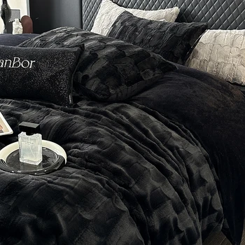 Luxury Brand New Black Plush Shaggy Duvet Cover Set, Winter Warm Fur Fluffy Velvet Bedding Set,High-end Soft Velvet Home 4pcs 1