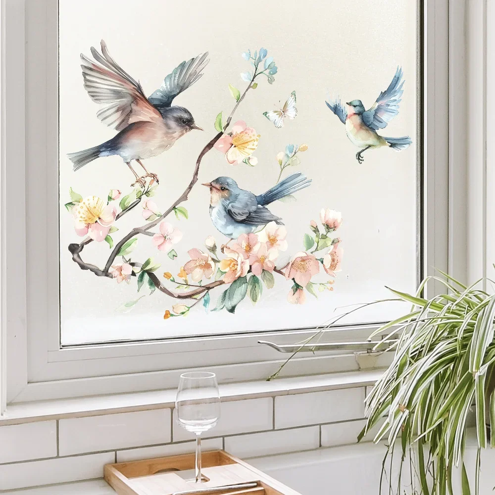 Peach Blossom Twig Bird Glass Window Home Landscaping Decoration Electrostatic Uv Window Sticker Full Body Mirror 1PCS