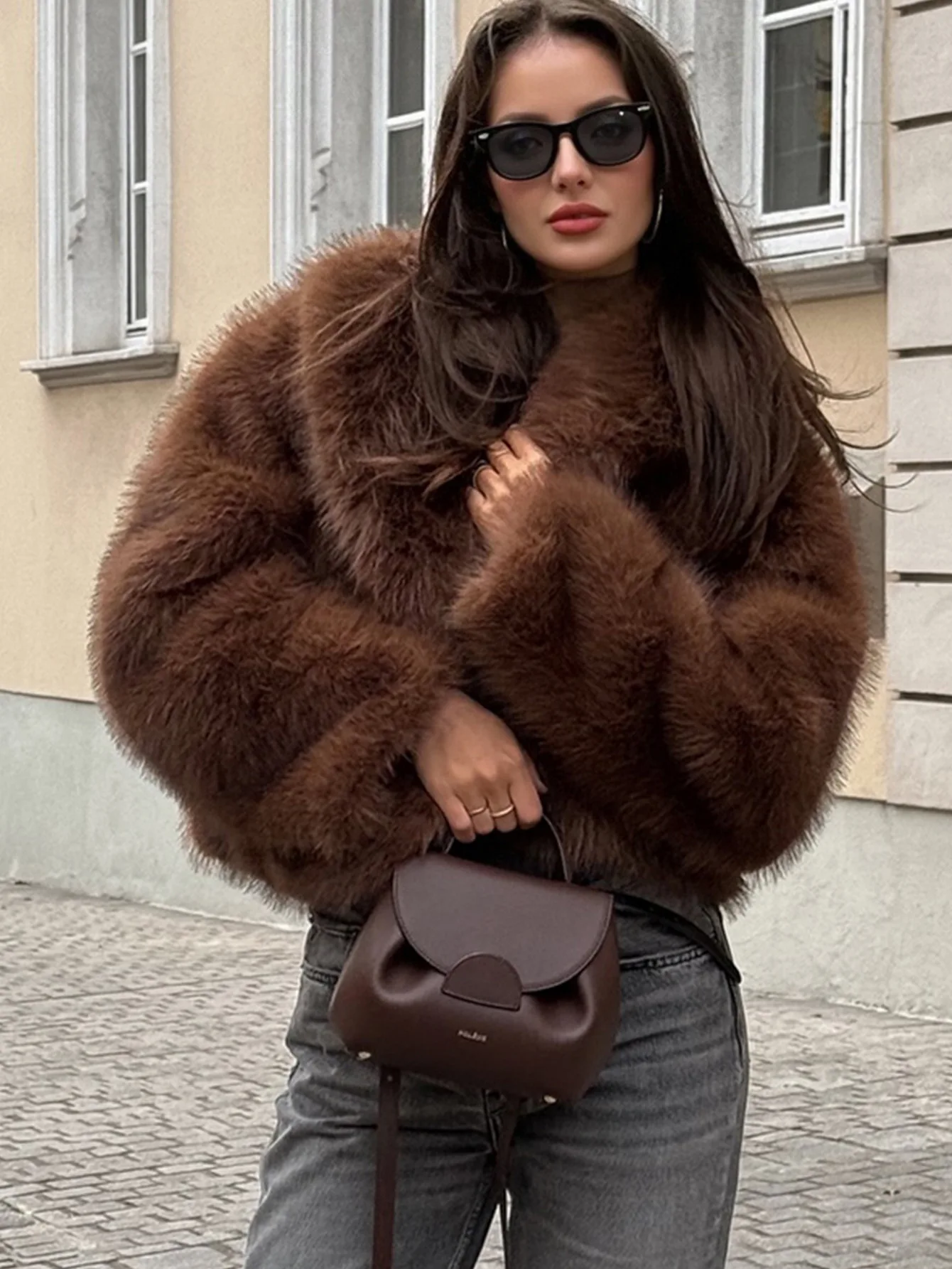 Women Faux Fur Coats Solid Short Jackets Big Turn Down Collar Long Sleeves Open Stitch Straight Fit Casual 2025 Autumn Winter