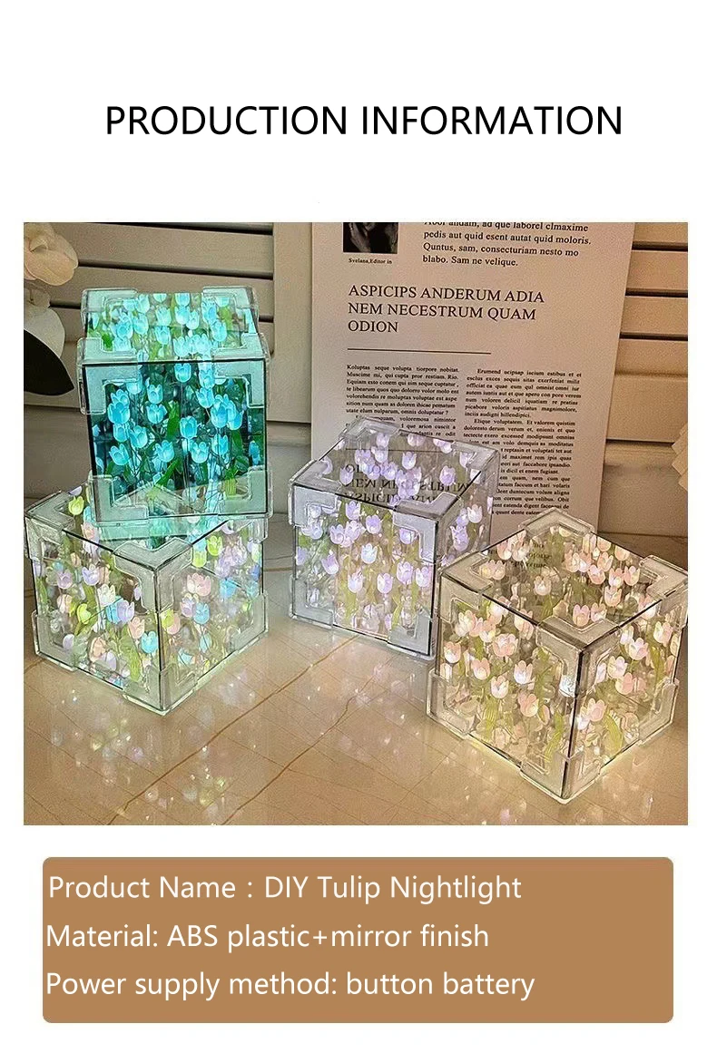 DIY Tulpenlampe, dreidimensionale transparente Cuby-Nachtlichtlampe und Spiegel, 2-in-1-Jubiläumsgeschenke für Paare, Schlafzimmerdekorationen – Detail 1