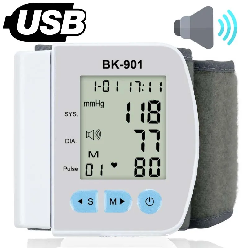 Smart LCD Screen English Voice Broadcast Wrist Blood Pressure Monitor Digital Automatic BP Tonometer Heart Rate Sphygmomanometer