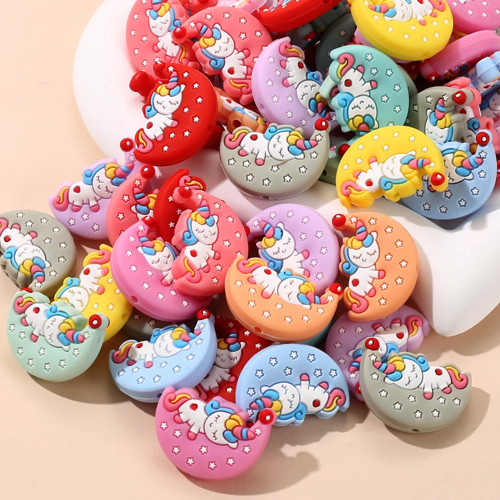 10Pcs Food Grade Silicone Beads 21x29mm Cartoon Animal Moon Beads For Nursing Chew Toy DIY Pacifier Chain Necklace Accessory 6