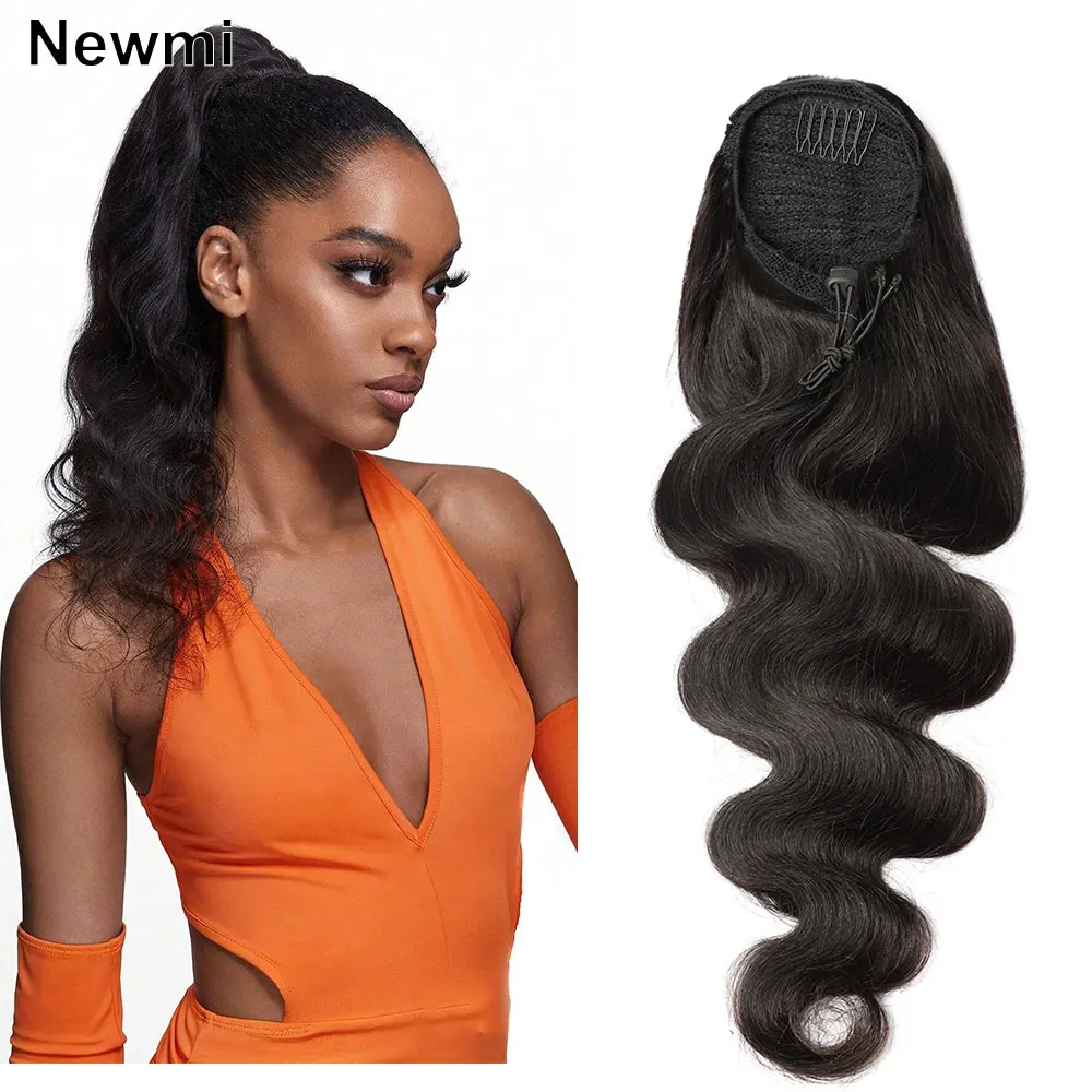 Newmi Body Wave Human Hair Ponytail Extensions for Women Natural Black Clip in Drawstring Ponytail Hair Extensions 8-26 inch