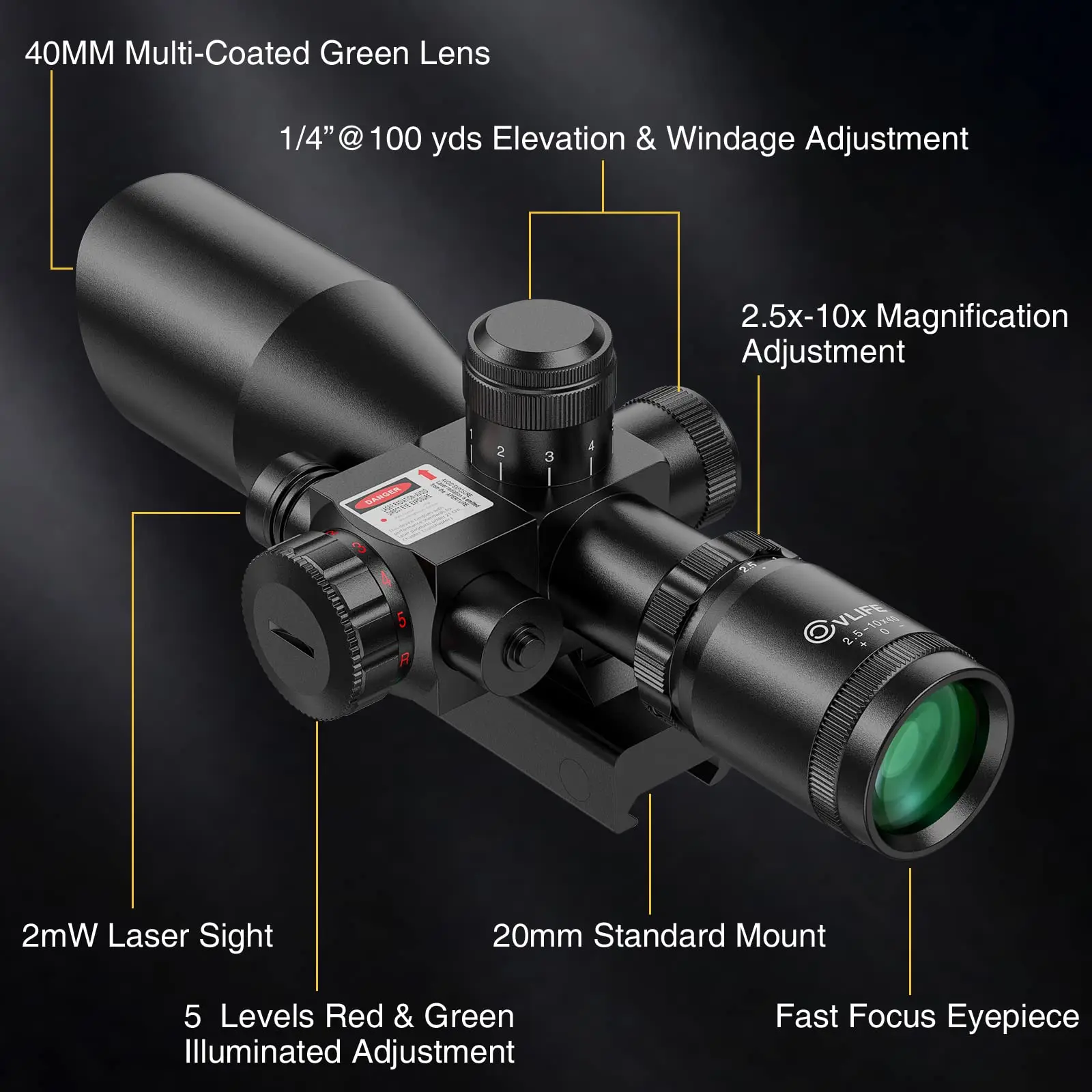 MidTen 2.5-10x40E Red Laser Sight Scope Riflescope Illuminated Mil-dot Reticle Tactical Rifle Hunting with 20mm Free Mount