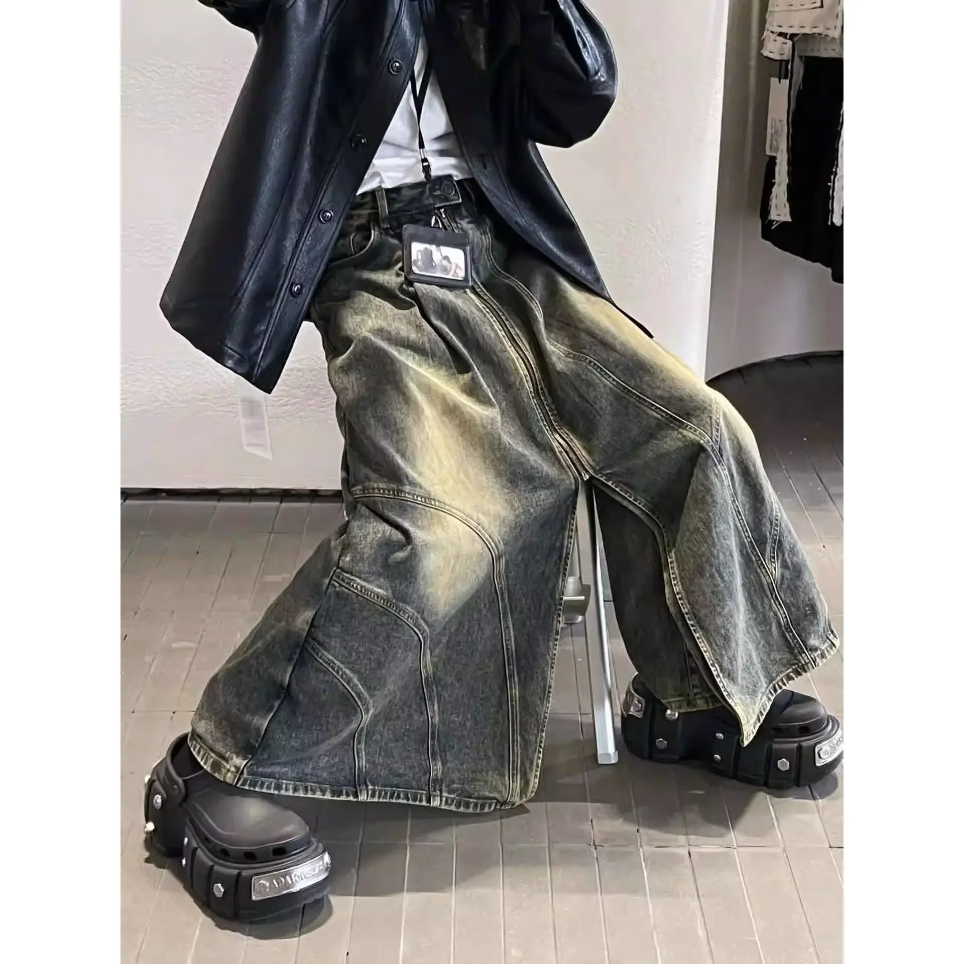 

High street washed distressed jeans vintage cool mop culottes loose chic niche wide leg pants American Y2K streetwear trousers
