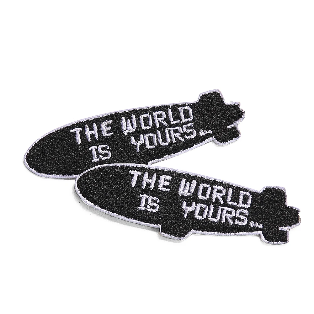 &ldquo;THE WORLD IS YOURS&rdquo; Embroidered Patches Airship Shape Iron on Transfers Clothing DIY Apparel Sewing Supplies 2PCS
