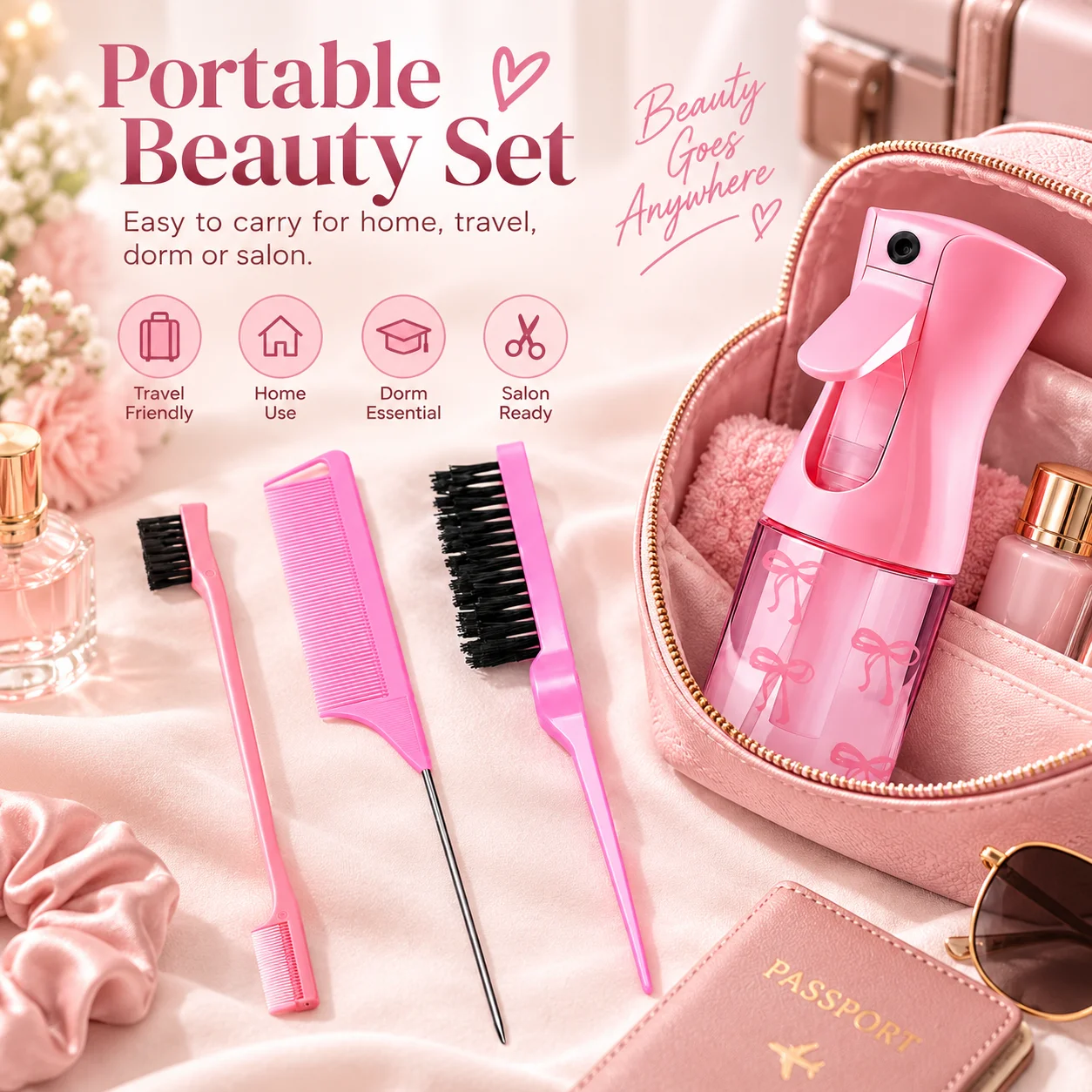 Hair Styling Set Portable Beauty Tool Set Fine Mist Spray Bottle Hair Comb Brush Kit For Home Travel Salon Hair Care Accessories