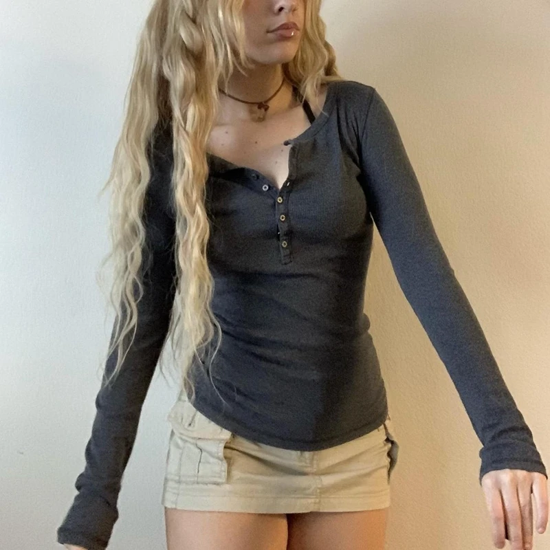 

2000s Vintage Y2K Basic Crop Top Fairy Grunge Long Sleeve Button Slim Fit Brown Tee Harajuku Aesthetic Women T-shirt Streetwear