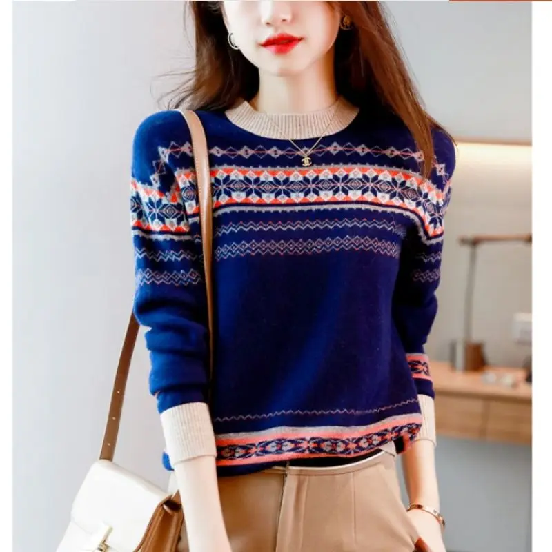 

Fashion O-Neck Knitted Spliced All-match Printed Blouse Women's Clothing 2023 Spring New Casual Pullovers Loose Korean Shirt