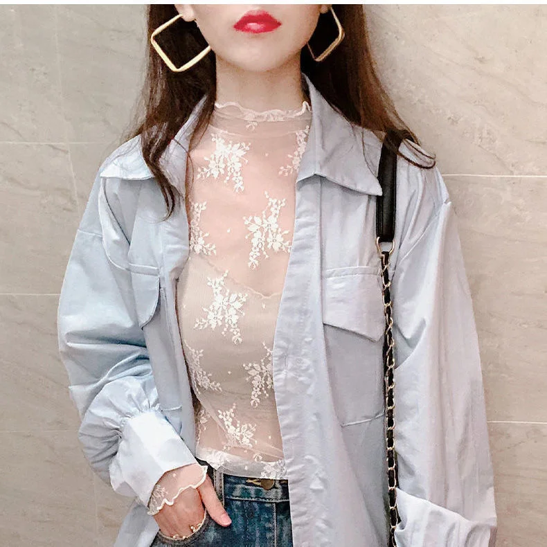 Women Half High Collar Net Screen Sun Proof T-shirt Lace Ear Edge247_voghion.com