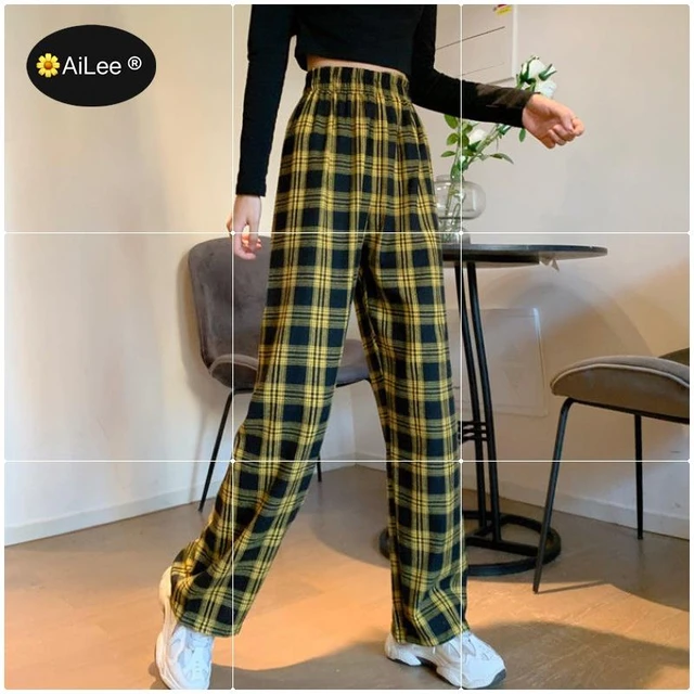 Vintage Black Yellow Plaid Pants Womens Harajuku High Waist Trousers  Streetwear Casual Loose Females Pants Straight Punk Hip Hop - Pants &  Capris - AliExpress