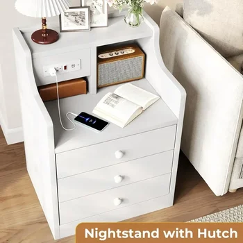 Nightstand with Charging Station, Night Stand with 3 Storage Drawers, Bedside Table with Hutch, Modern End Side Table for 4